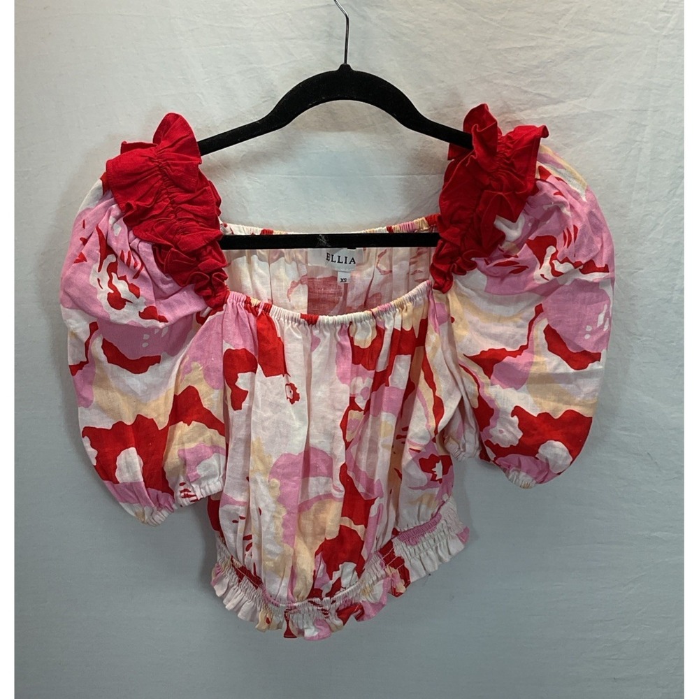 Elliatt Top Cropped Puff‎ Sleeve Square Neck Blouse Size XS LInen Floral Casual